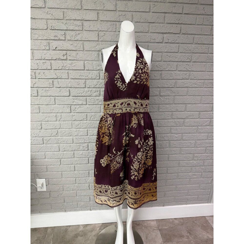 Jones New York Women’s Burgundy Gold Floral Bohemian Silk Halter Dress Size 10